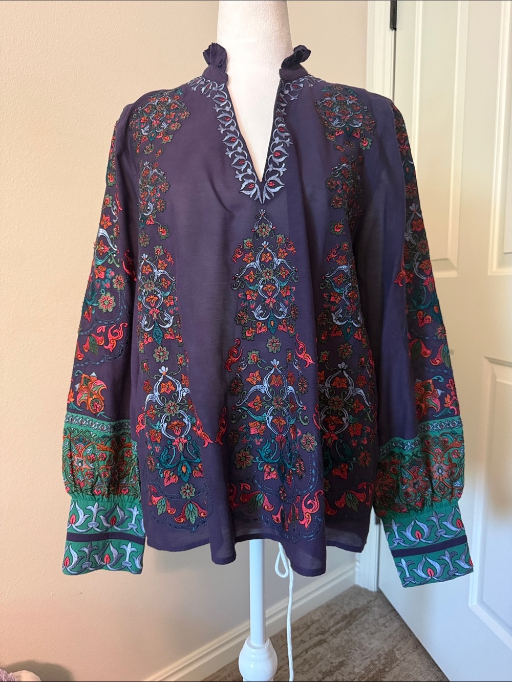 Sundance Navy Embroidered Floral V-Neck Tunic